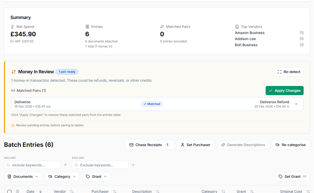 Import batch summary with totals, attached documents, and money-in review