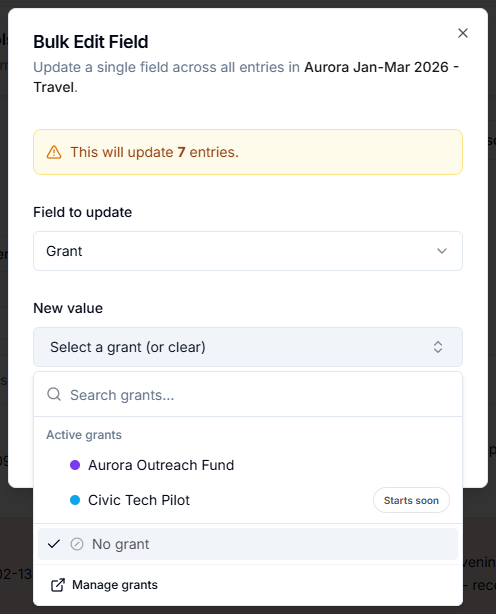 Bulk Edit Field dialog with the grant dropdown open, showing active grants with color dots and status badges