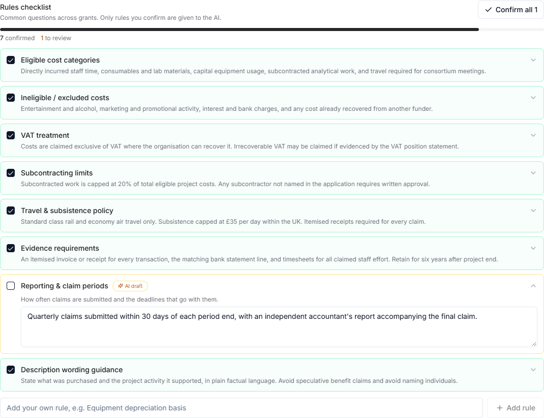 Grant rules checklist showing confirmed answers and rules still needing review
