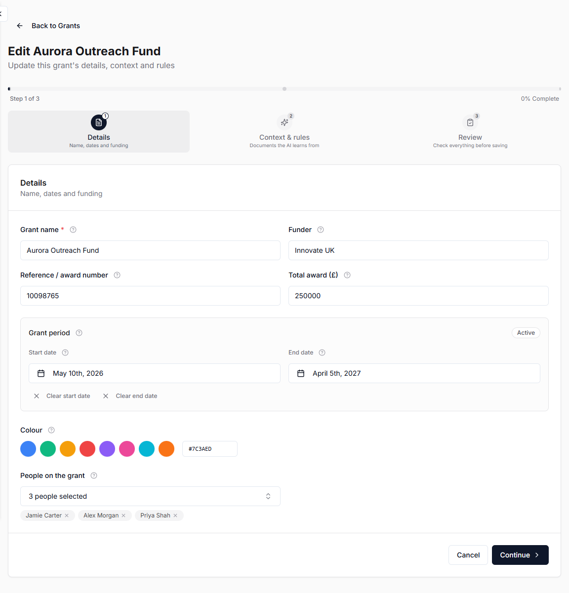 Grant wizard Details step with name, funder, reference, award, period, color, and people