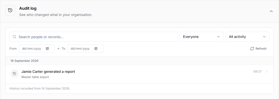 Audit log showing who generated a report and when